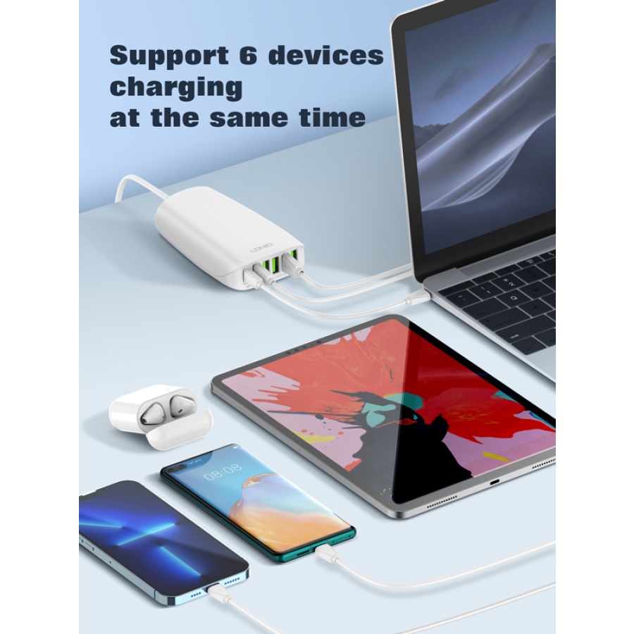 LDNIO σταθμός φόρτισης A6573C, USB-C/5x USB, 65W, PD/QC, λευκός - Image 2