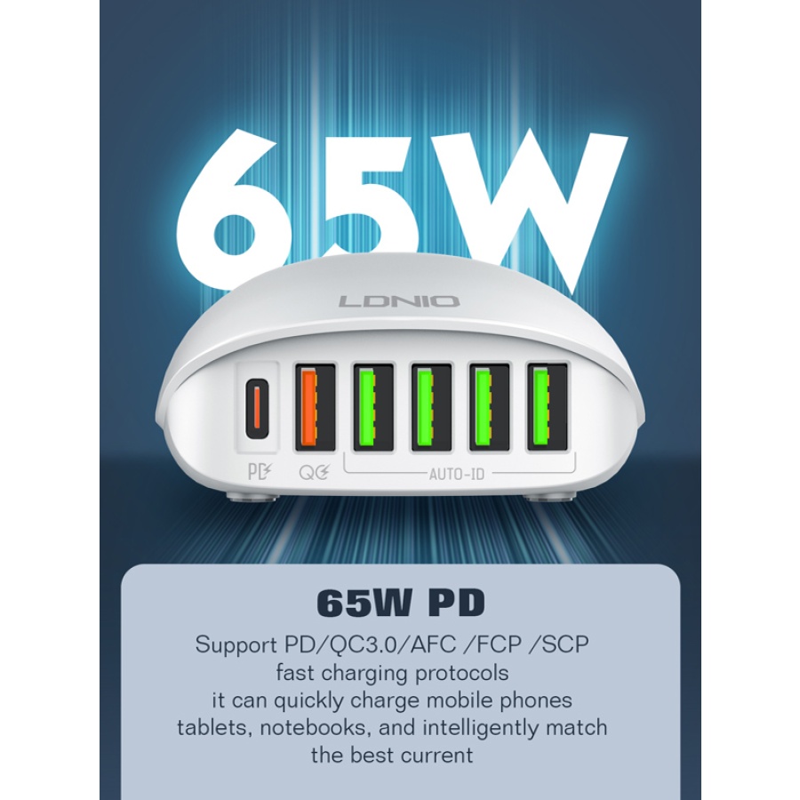 LDNIO σταθμός φόρτισης A6573C, USB-C/5x USB, 65W, PD/QC, λευκός - Image 3