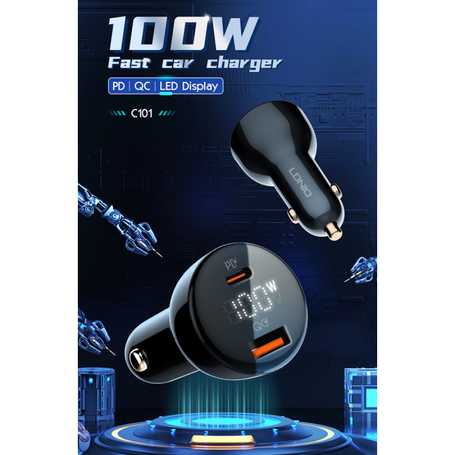 LDNIO φορτιστής αυτοκινήτου C101 με καλώδιο, USB/USB-C, 100W PD, μαύρος - Image 9
