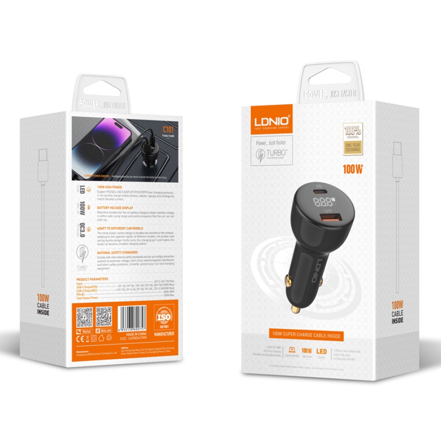 LDNIO φορτιστής αυτοκινήτου C101 με καλώδιο, USB/USB-C, 100W PD, μαύρος - Image 10