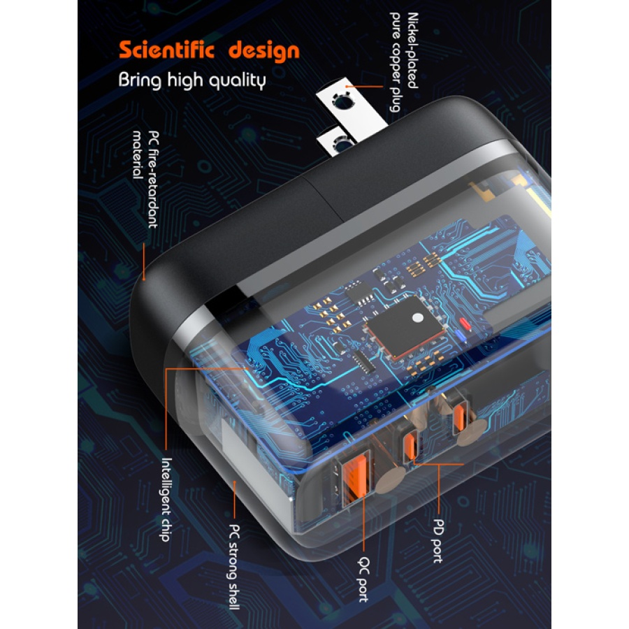 LDNIO φορτιστής τοίχου Q366 με καλώδιο, USB/2x USB-C, 65W, GaN, μαύρος - Image 4