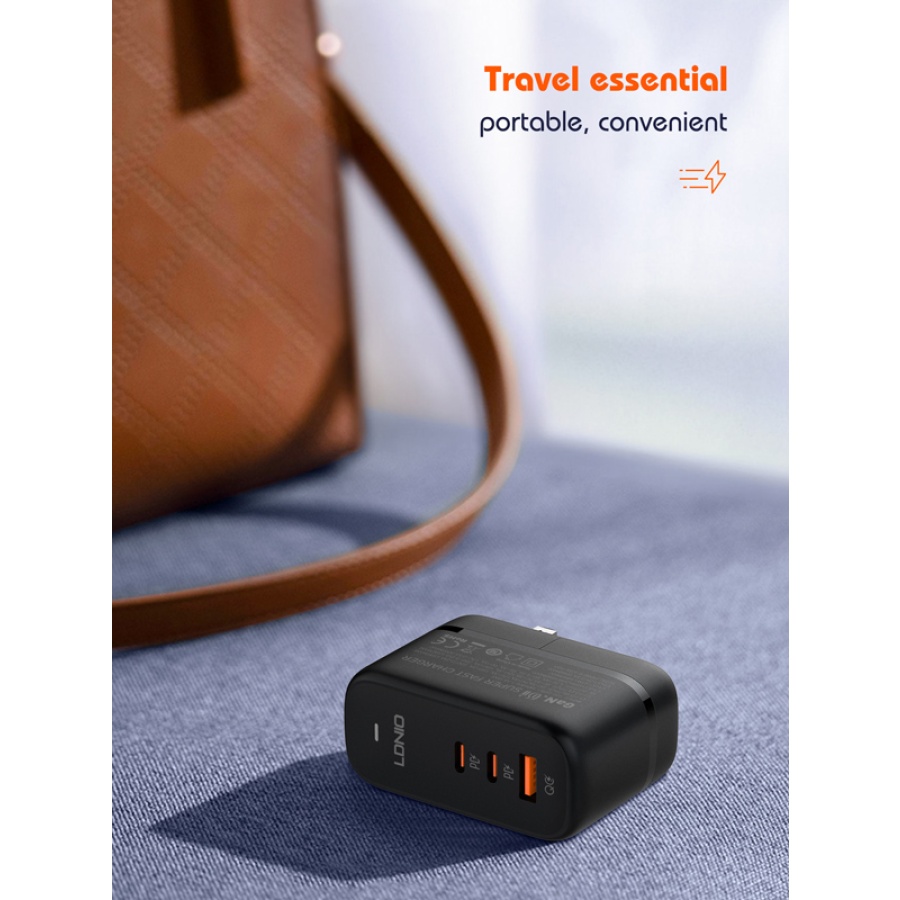 LDNIO φορτιστής τοίχου Q366 με καλώδιο, USB/2x USB-C, 65W, GaN, μαύρος - Image 5