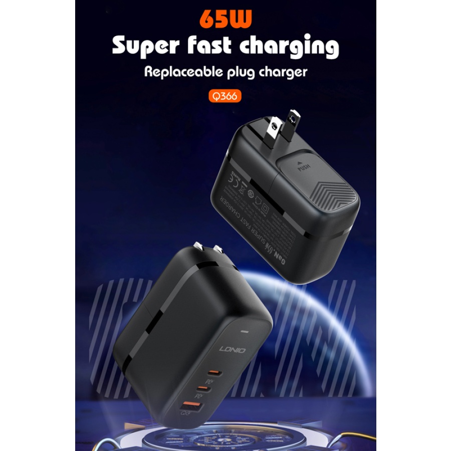 LDNIO φορτιστής τοίχου Q366 με καλώδιο, USB/2x USB-C, 65W, GaN, μαύρος - Image 7