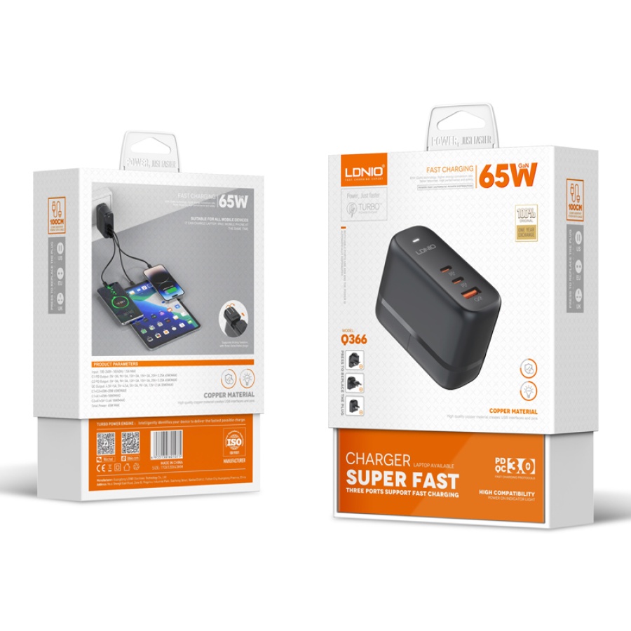 LDNIO φορτιστής τοίχου Q366 με καλώδιο, USB/2x USB-C, 65W, GaN, μαύρος - Image 8