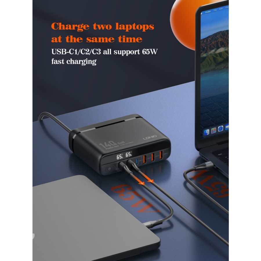 LDNIO σταθμός φόρτισης A6140C, 3x USB-C/3x USB, 140W, PD/QC, GaN, μαύρος - Image 2