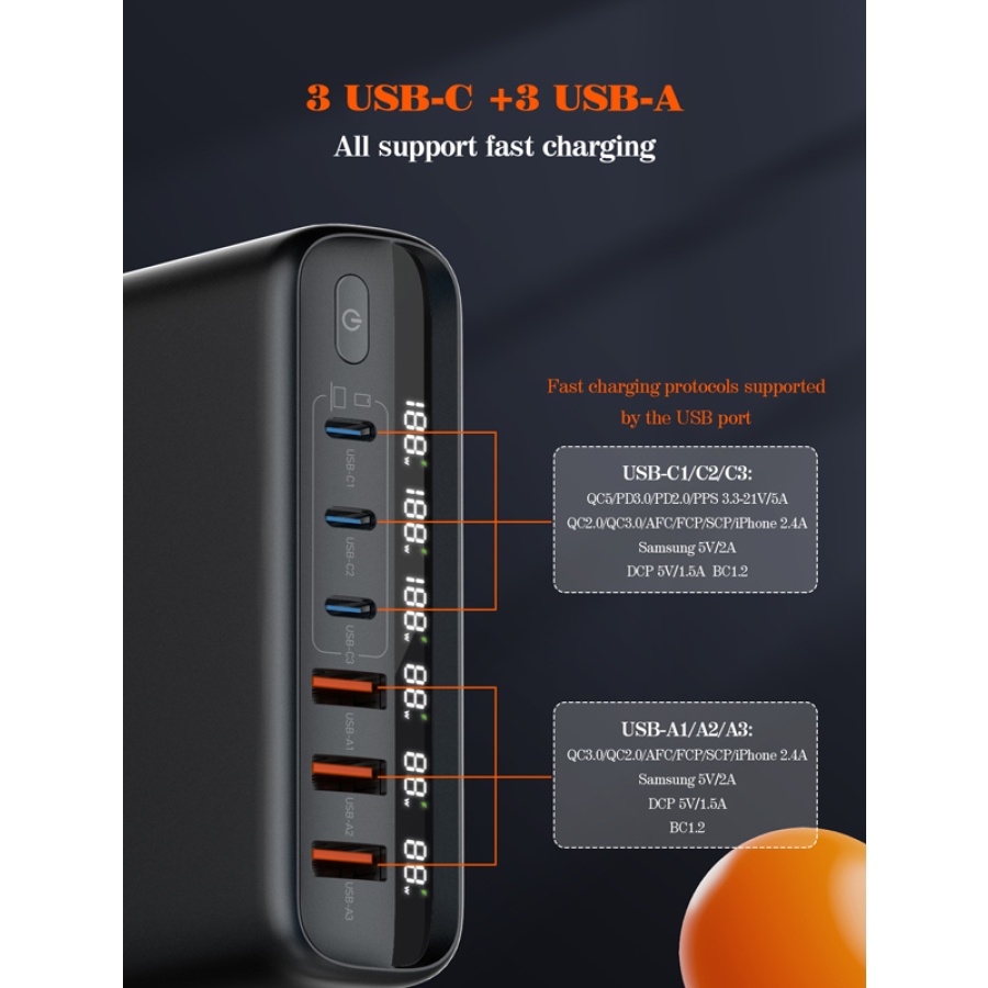 LDNIO σταθμός φόρτισης A6140C, 3x USB-C/3x USB, 140W, PD/QC, GaN, μαύρος - Image 4