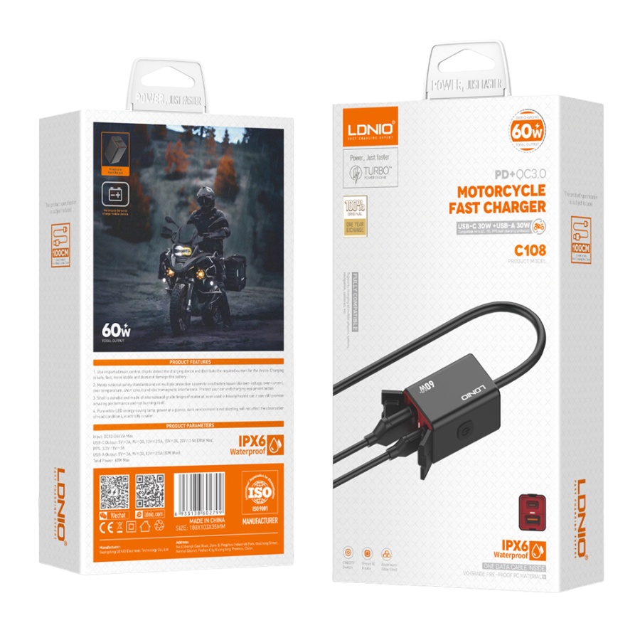 LDNIO φορτιστής μοτοσυκλέτας C108 με καλώδιο, USB/USB-C, 60W, μαύρος - Image 4