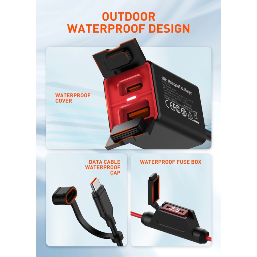 LDNIO φορτιστής μοτοσυκλέτας C108 με καλώδιο, USB/USB-C, 60W, μαύρος - Image 9