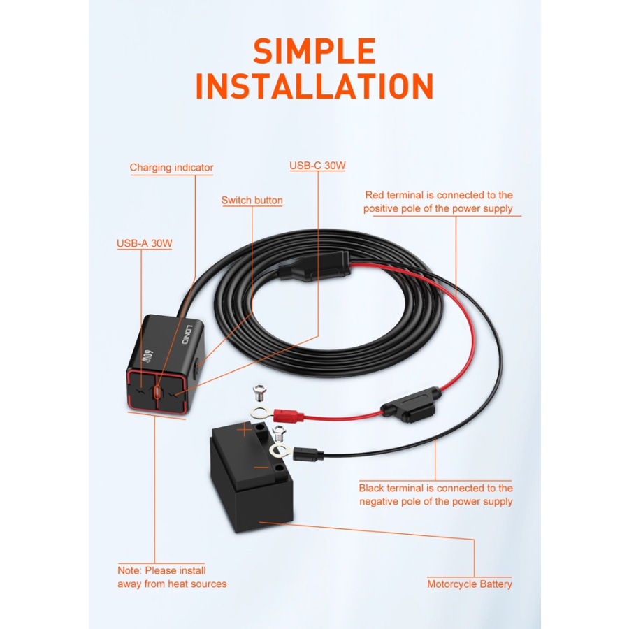LDNIO φορτιστής μοτοσυκλέτας C108 με καλώδιο, USB/USB-C, 60W, μαύρος - Image 11