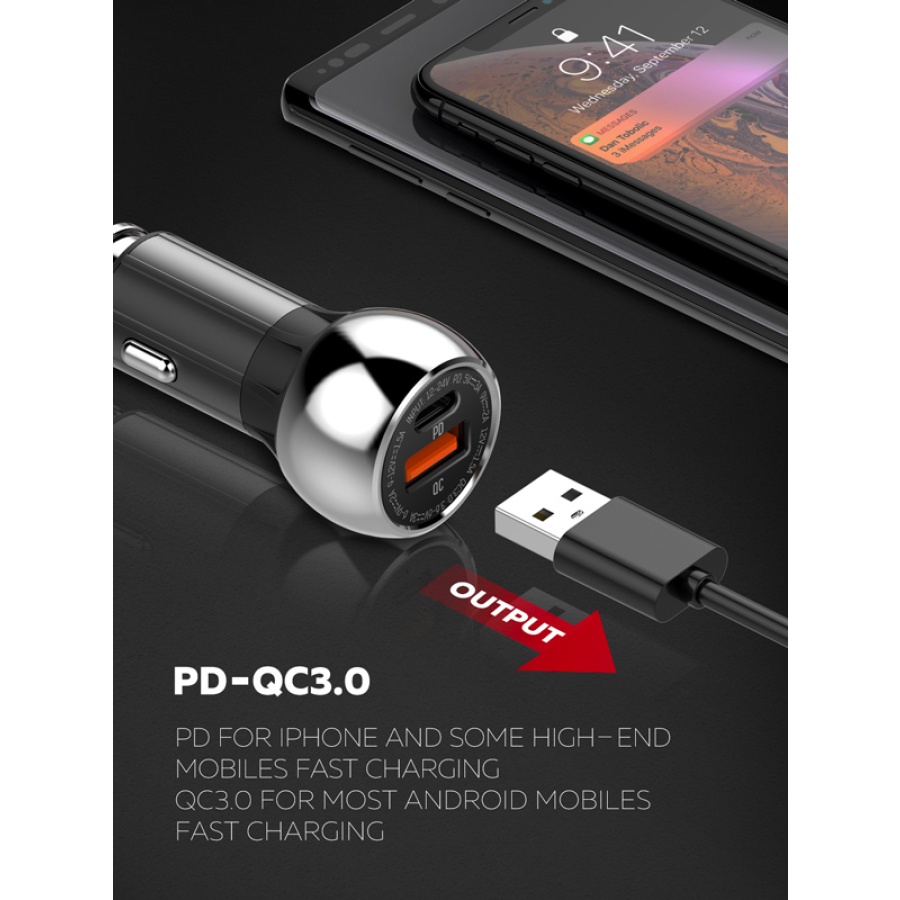 LDNIO φορτιστής αυτοκινήτου C1 με καλώδιο, USB & USB-C, 38W PD, μαύρος - Image 3