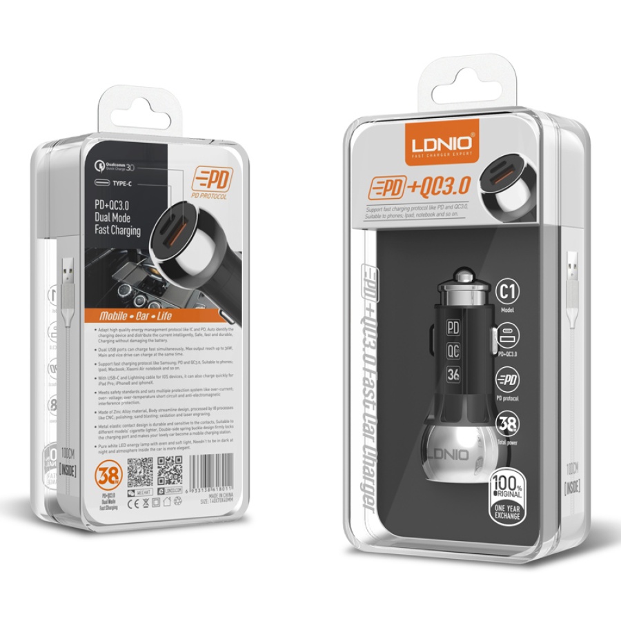 LDNIO φορτιστής αυτοκινήτου C1 με καλώδιο, USB & USB-C, 38W PD, μαύρος - Image 6