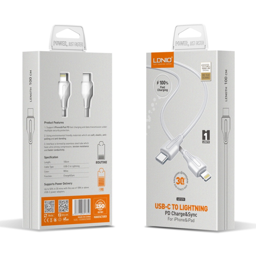 LDNIO καλώδιο Lightning σε USB-C LC121I, 30W PD, 1m, λευκό - Image 5