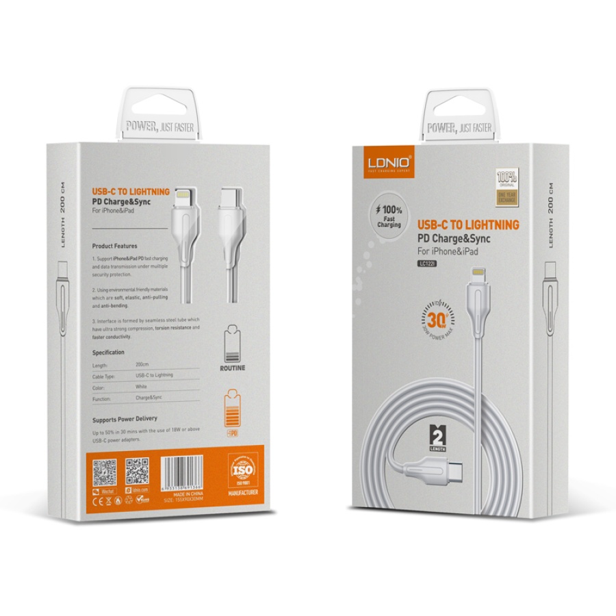 LDNIO καλώδιο Lightning σε USB-C LC122I, 30W PD, 2m, λευκό - Image 5