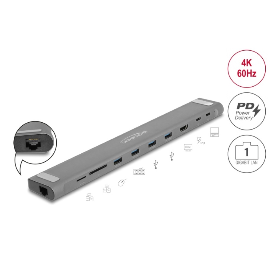 DELOCK docking station 87895, 9 θυρών, βάση laptop, 85W PD, 4K, γκρι - Image 3