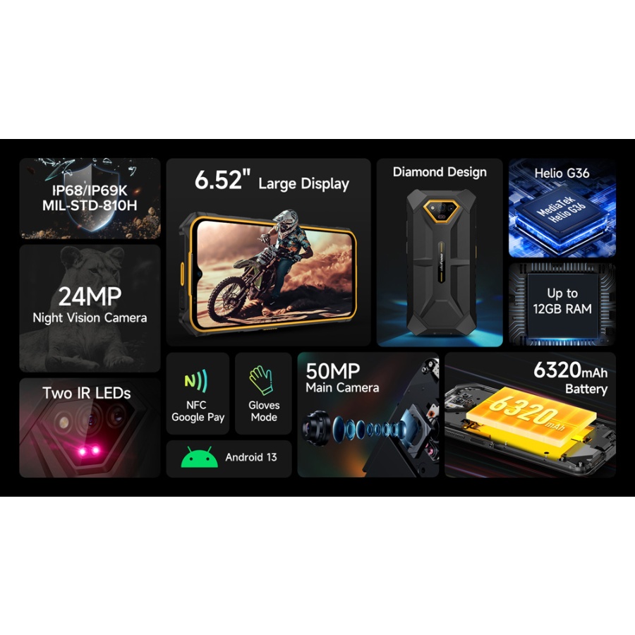 ULEFONE smartphone Armor X13, 6.52", 6/64GB, 6320mAh, IP68/IP69K, μαύρο - Image 2