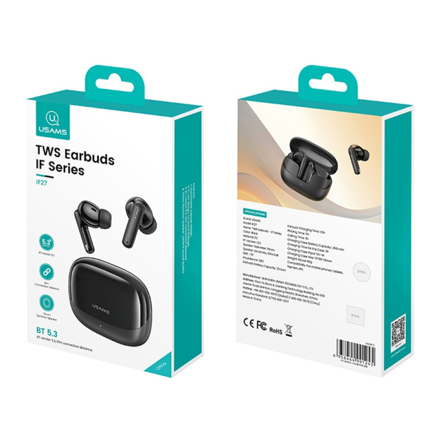 USAMS earphones με θήκη φόρτισης IF27, TWS, Φ13mm, 25/250mAh, μαύρα - Image 6