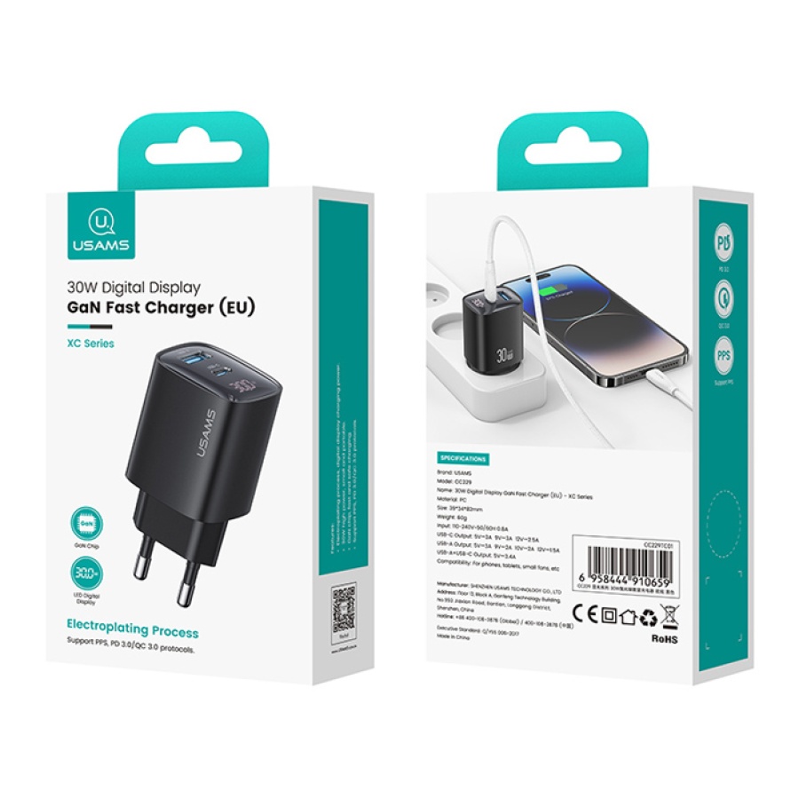 USAMS φορτιστής τοίχου US-CC229, USB & USB-C, 30W, GaN, μαύρος - Image 5