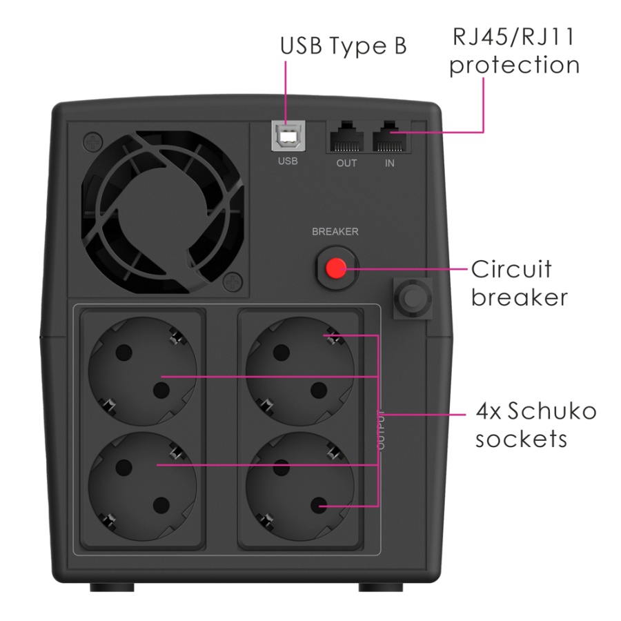 POWERTECH UPS Line Interactive PT-1297 με οθόνη, 1500VA, 900W, 4x Schuko, 2x RJ45/RJ11, USB Type B - Image 2