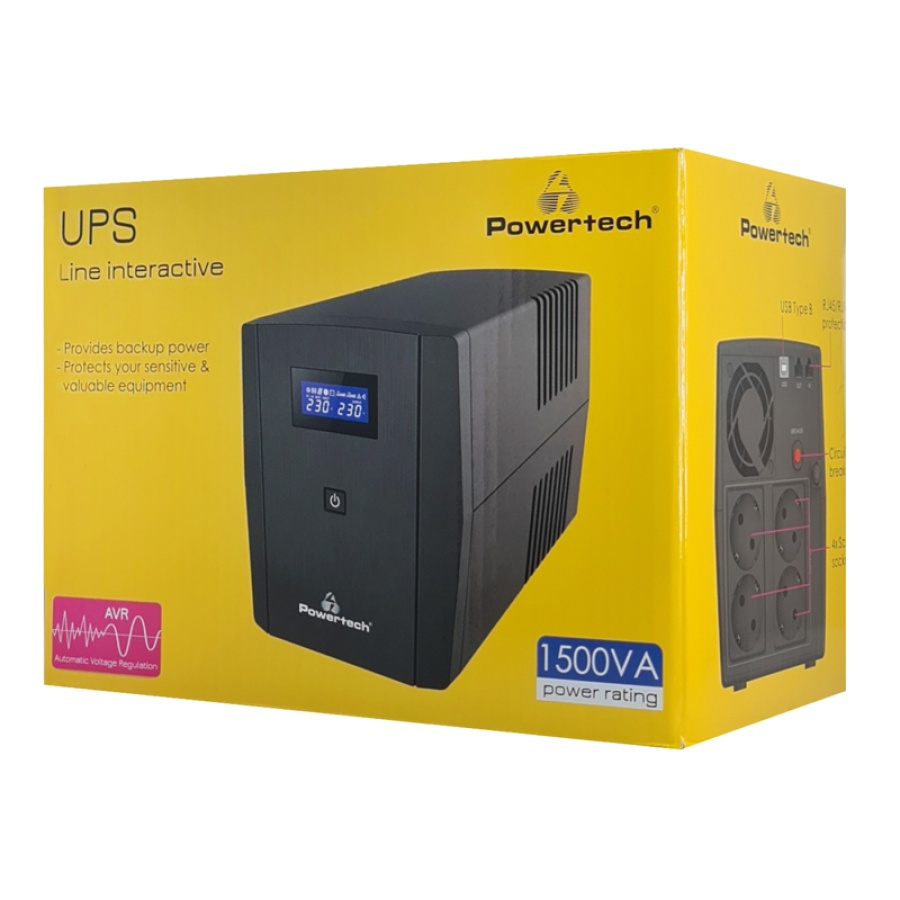 POWERTECH UPS Line Interactive PT-1297 με οθόνη, 1500VA, 900W, 4x Schuko, 2x RJ45/RJ11, USB Type B - Image 3