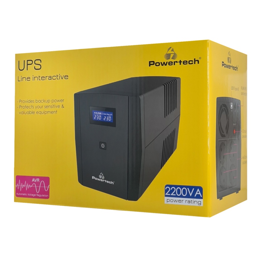 POWERTECH UPS Line Interactive PT-1298 με οθόνη, 2200VA, 1320W, 4x Schuko, 2x RJ45/RJ11, USB Type B - Image 3