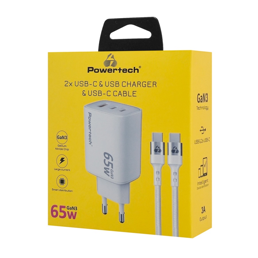 POWERTECH φορτιστής τοίχου PT-1415 με καλώδιο, USB/2x USB-C, 65W, GaN, λευκός - Image 2