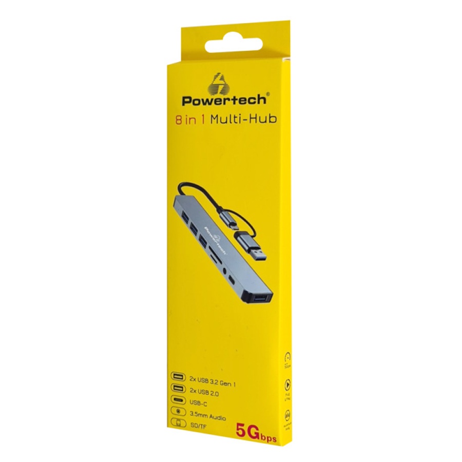 POWERTECH USB hub PTR-0151 με card reader, 8 θυρών, USB & USB-C, γκρι - Image 3