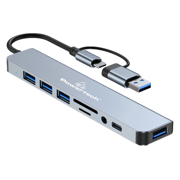 POWERTECH USB hub PTR-0151 με card reader, 8 θυρών, USB & USB-C, γκρι
