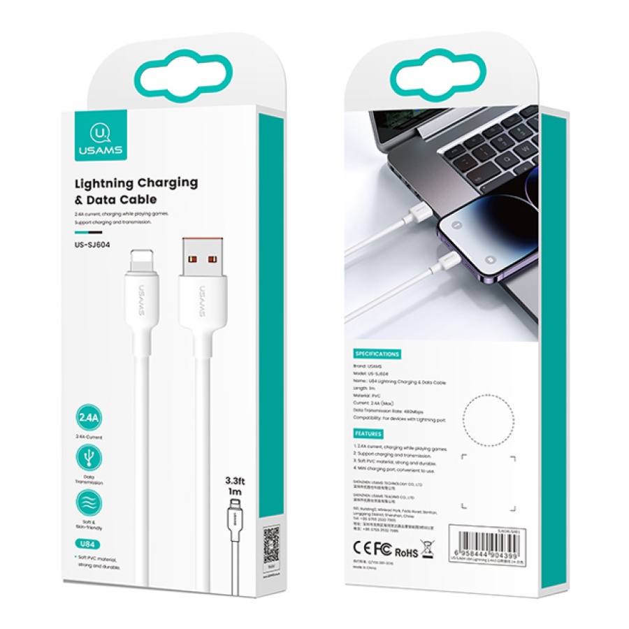 USAMS καλώδιο Lightning σε USB US-SJ604, 2.4A, 1m, λευκό - Image 4