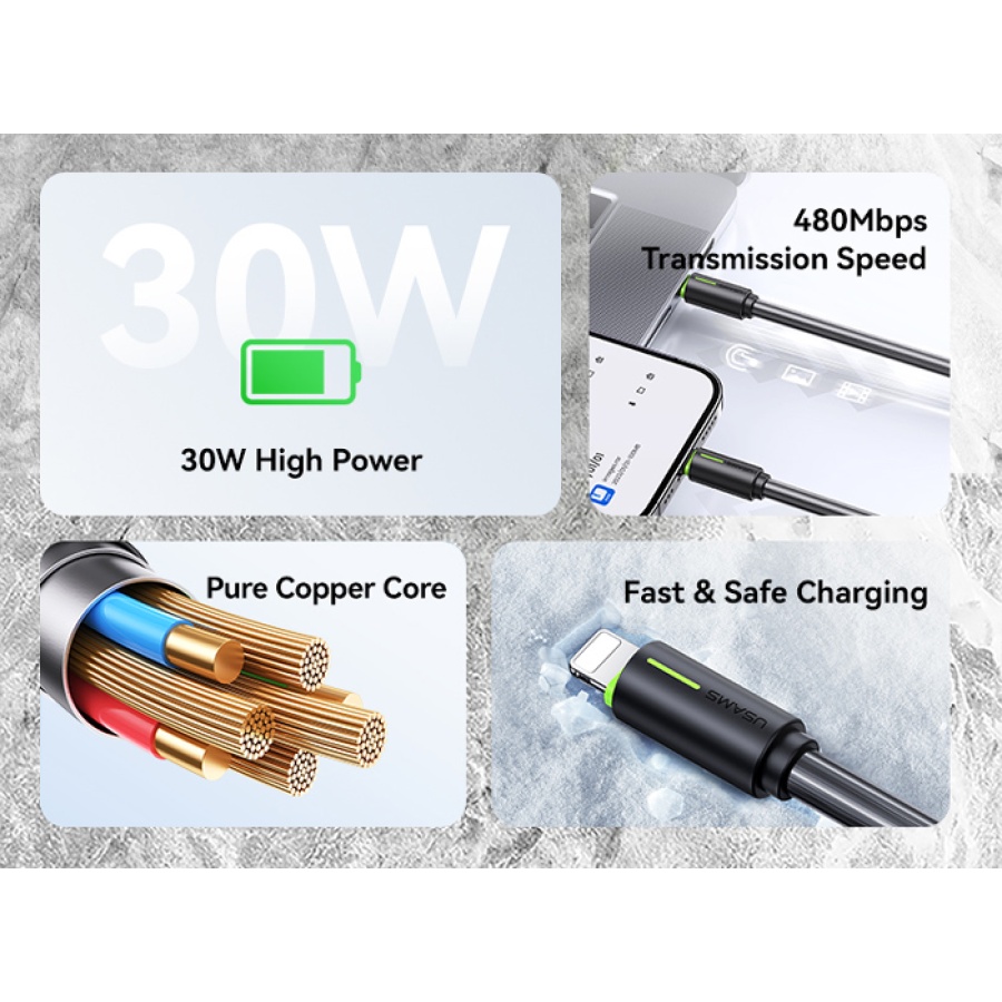 USAMS καλώδιο Lightning σε USB-C US-SJ735, 30W, 480Mbps, 1m, λευκό - Image 2