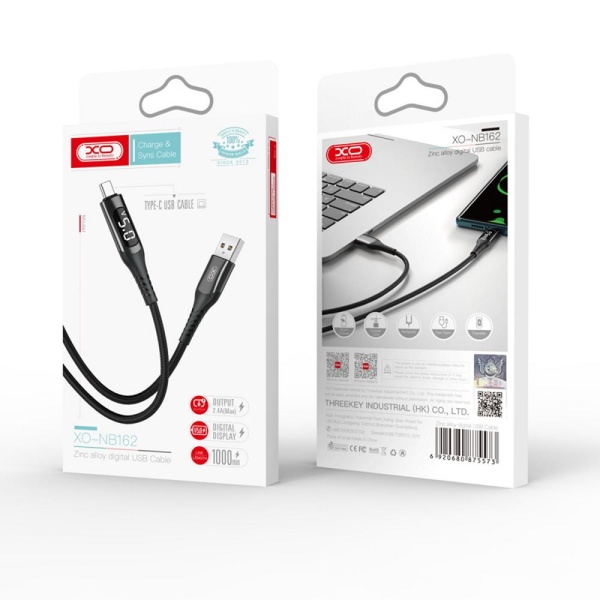 XO NB162 ΚΑΛΩΔΙΟ ΦΟΡΤΙΣΗΣ 2.4A ΜΕ ΟΘΟΝΗ FOR LIGHTING 1M ΜΑΥΡΟ
