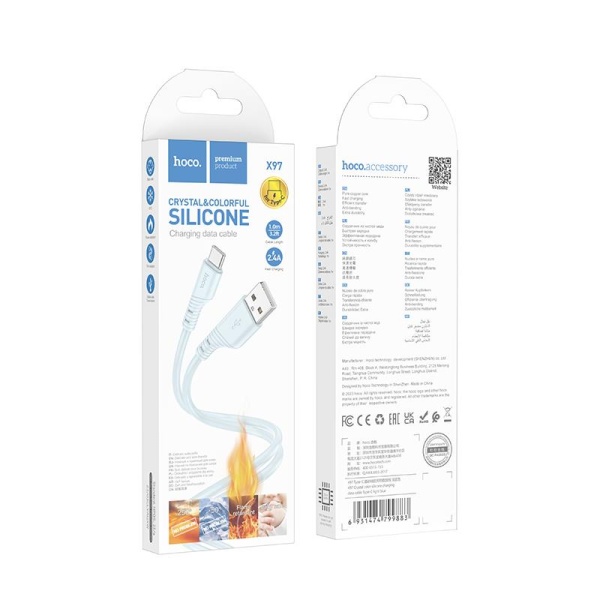 HOCO X97 CRYSTAL COLOR SILICONE CHARGING ΚΑΛΩΔΙΟ ΦΟΡΤΙΣΗΣ, TYPE-C, ΜΠΛΕ