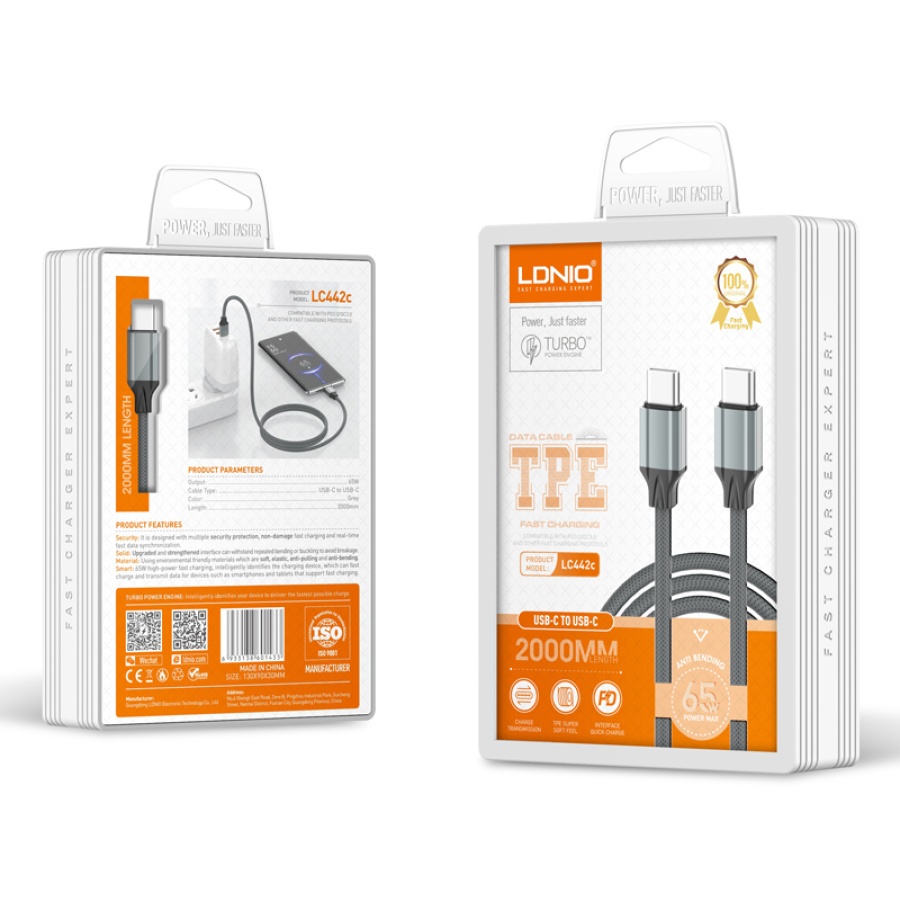 LDNIO καλώδιο USB-C σε USB-C LC442C, 65W PD, 2m, γκρι - Image 5