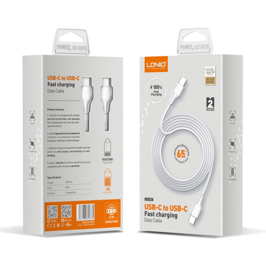 LDNIO καλώδιο USB-C σε USB-C LC122C, 65W PD, 2m, λευκό - Image 6