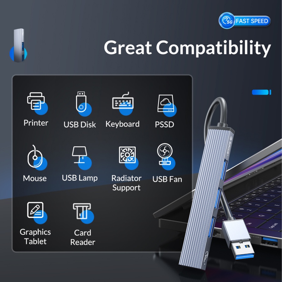 ORICO USB hub AH-A13, 4x θυρών, USB 3.0, 5Gbps, USB σύνδεση, γκρι - Image 3