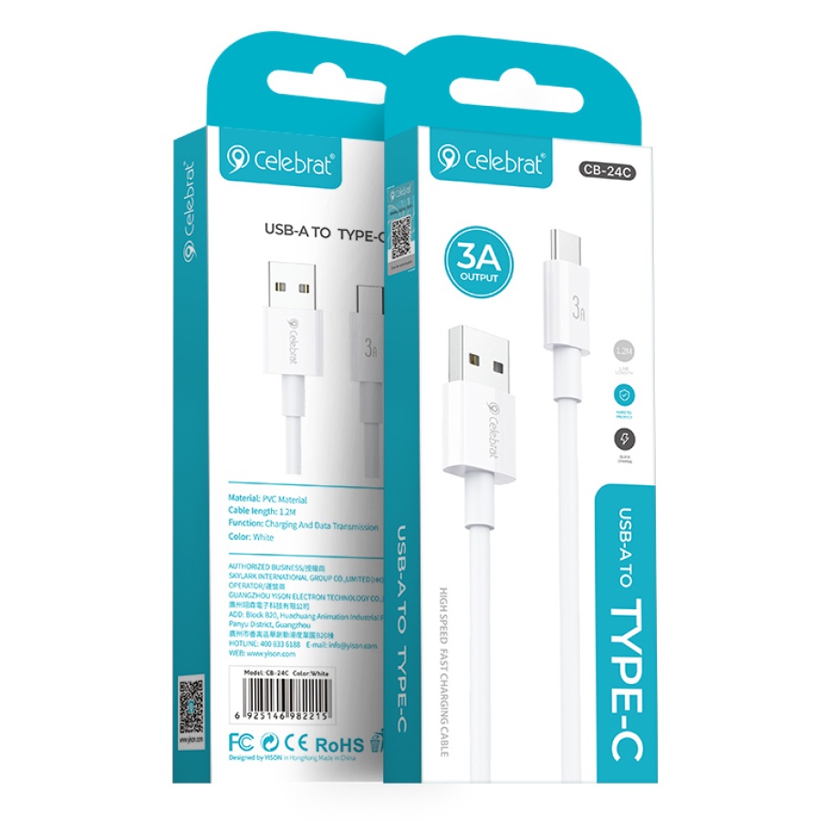 CELEBRAT καλώδιο USB-C σε USB CB-24C, 3A, 1.2m, λευκό - Image 3