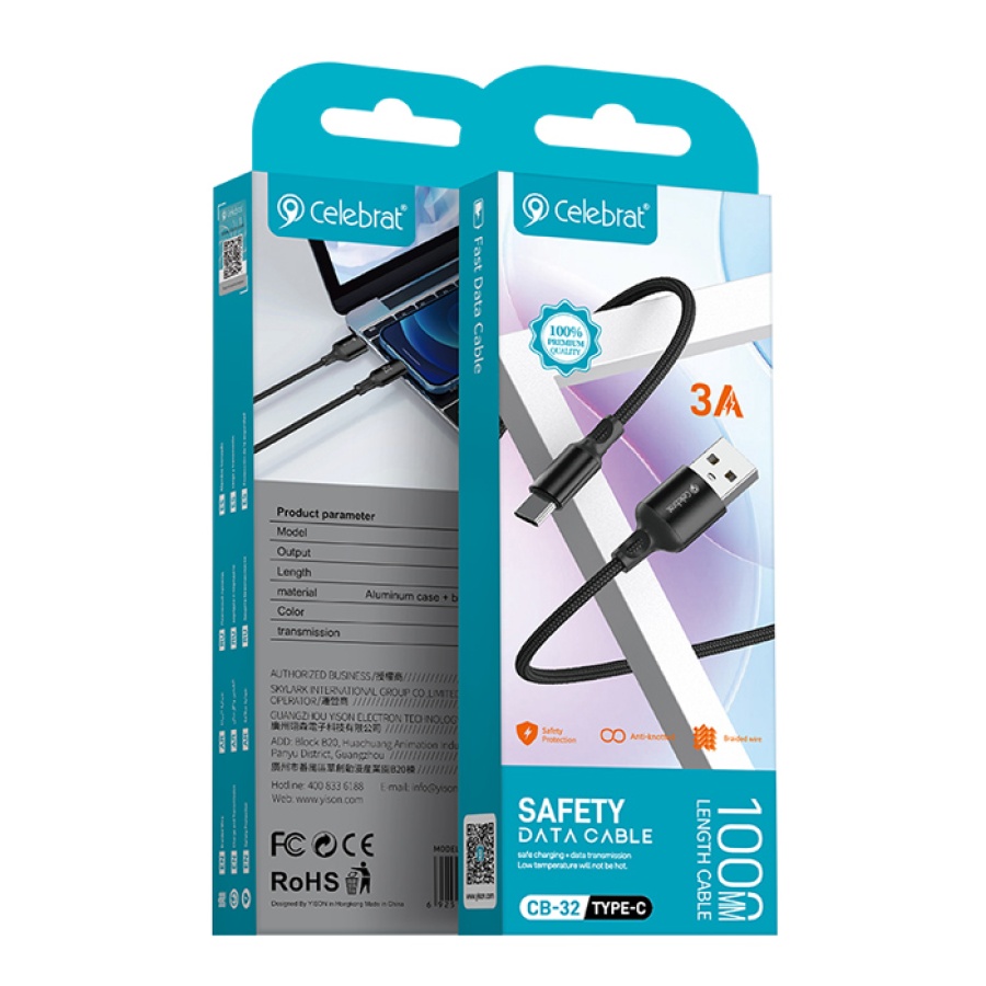 CELEBRAT καλώδιο USB-C σε USB CB-32, 3A, 1m, μαύρο - Image 3