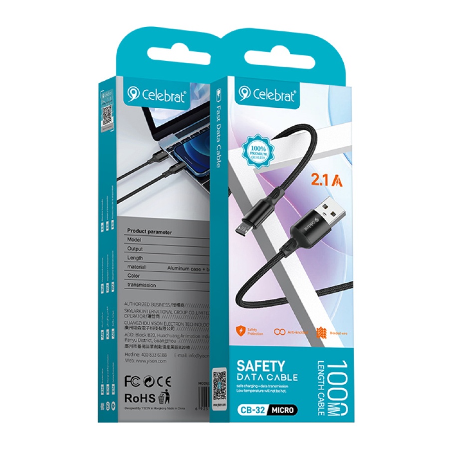 CELEBRAT καλώδιο Micro USB σε USB CB-32, 2.1A, 1m, μαύρο - Image 3