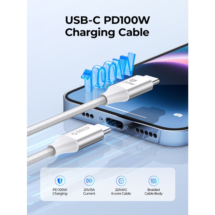 ORICO καλώδιο USB-C CDX-100CC, 100W, 480Mbps, 1m, λευκό - Image 2