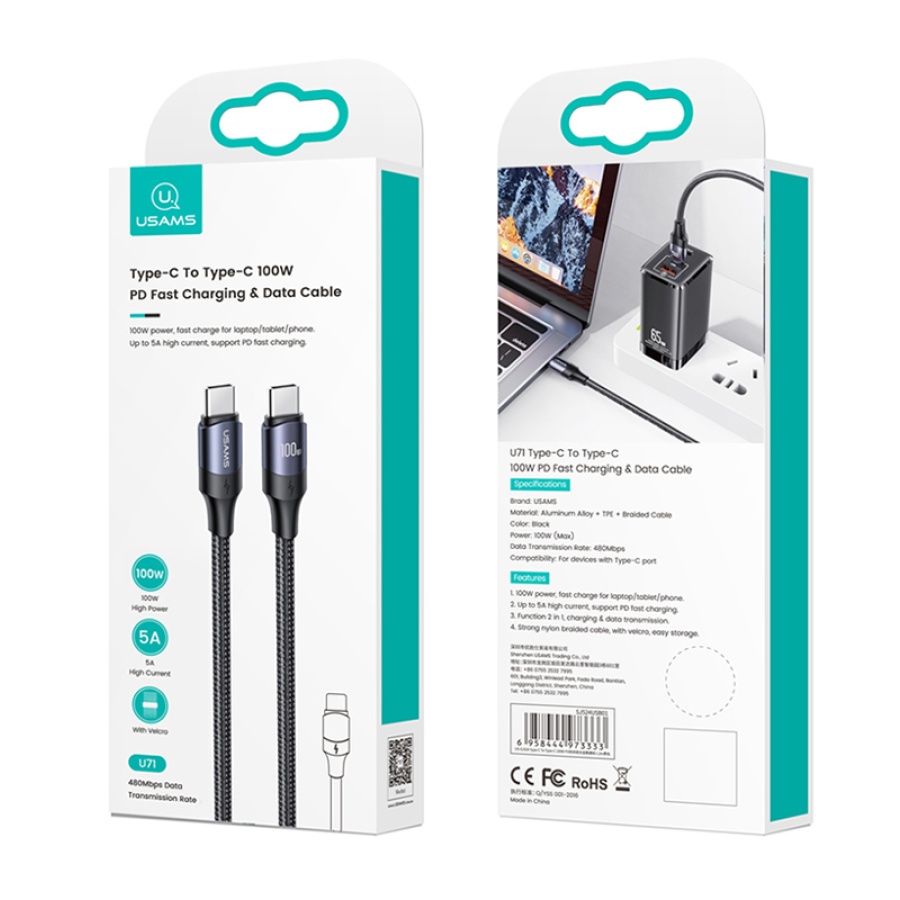 USAMS καλώδιο USB-C US-SJ526, 100W/5A, PD, 3m, μαύρο - Image 3