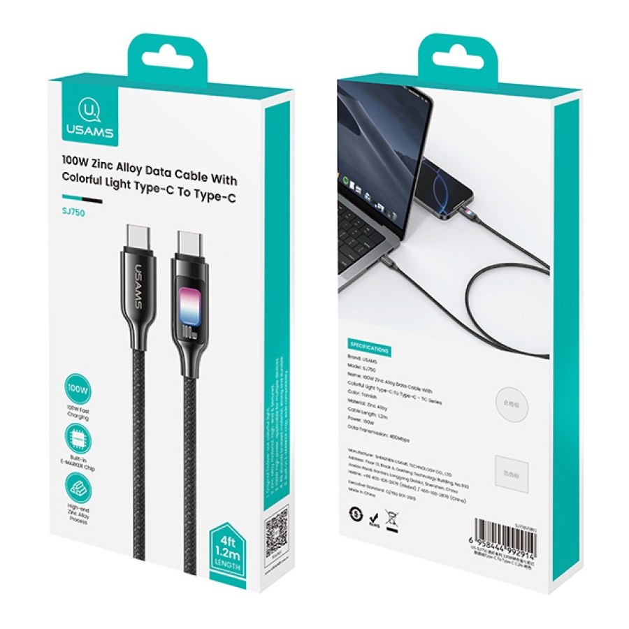 USAMS καλώδιο USB-C SJ750, 100W, 480Mbps, 1.2m, μαύρο - Image 4