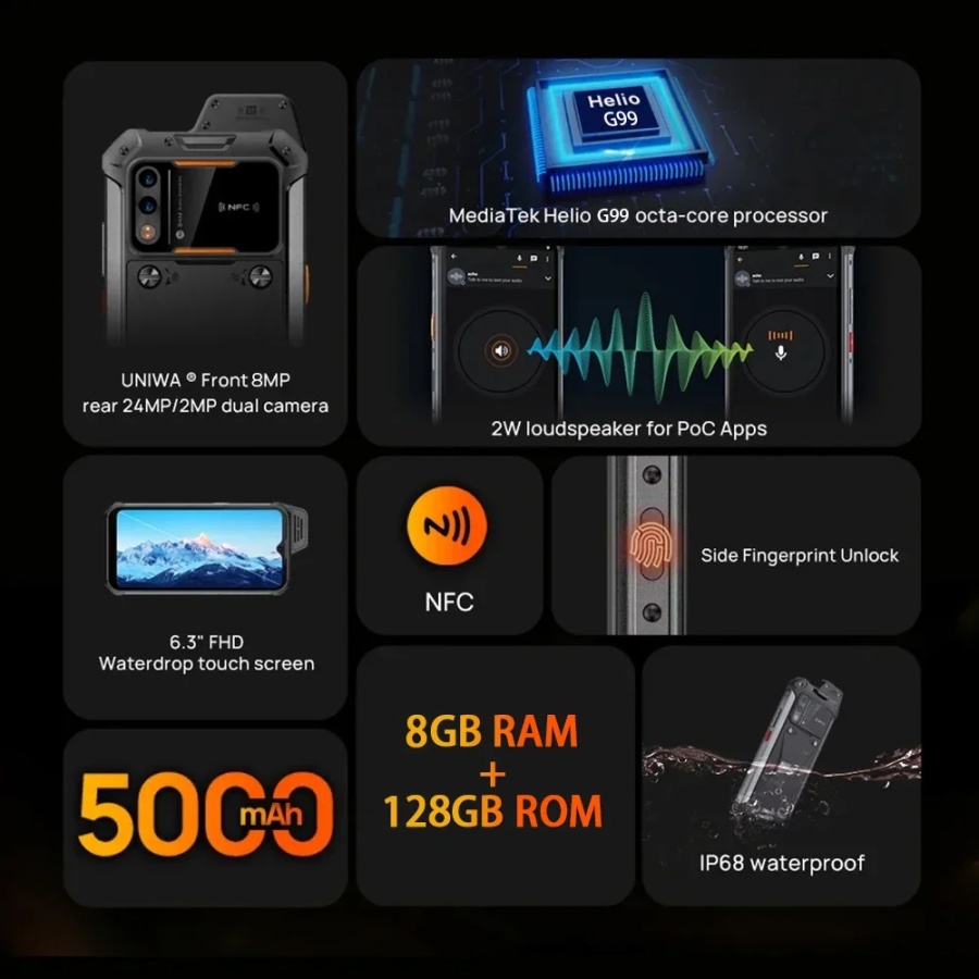 UNIWA smartphone W999, 6.3", 8/128GB , ηχείο 2W, Atex Zone 2, IP68, μαύρο - Image 2
