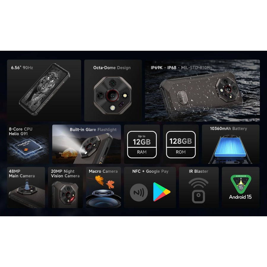 ULEFONE smartphone Armor X16, 6.56", 6/128GB, 10360mAh, IP68/IP69K/MIL-STD-810H, μαύρο - Image 9