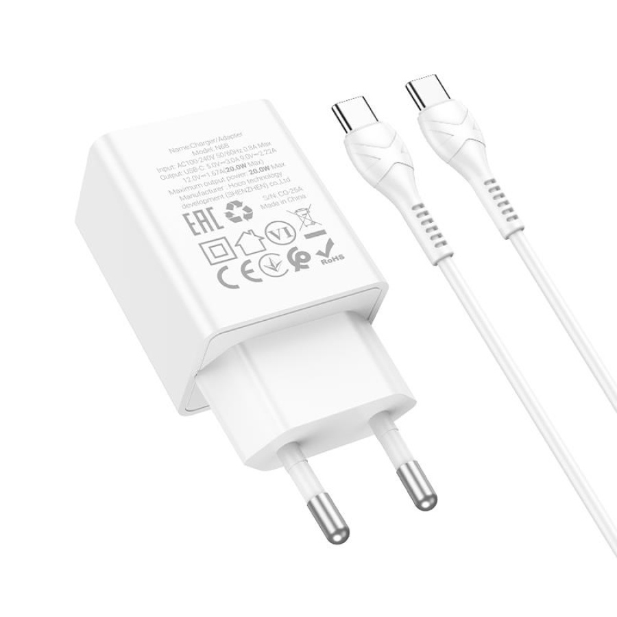HOCO N68 NEUVO ΦΟΡΤΙΣΤΗΣ, TYPE-C TO TYPE-C, 20W,  ΛΕΥΚΟ