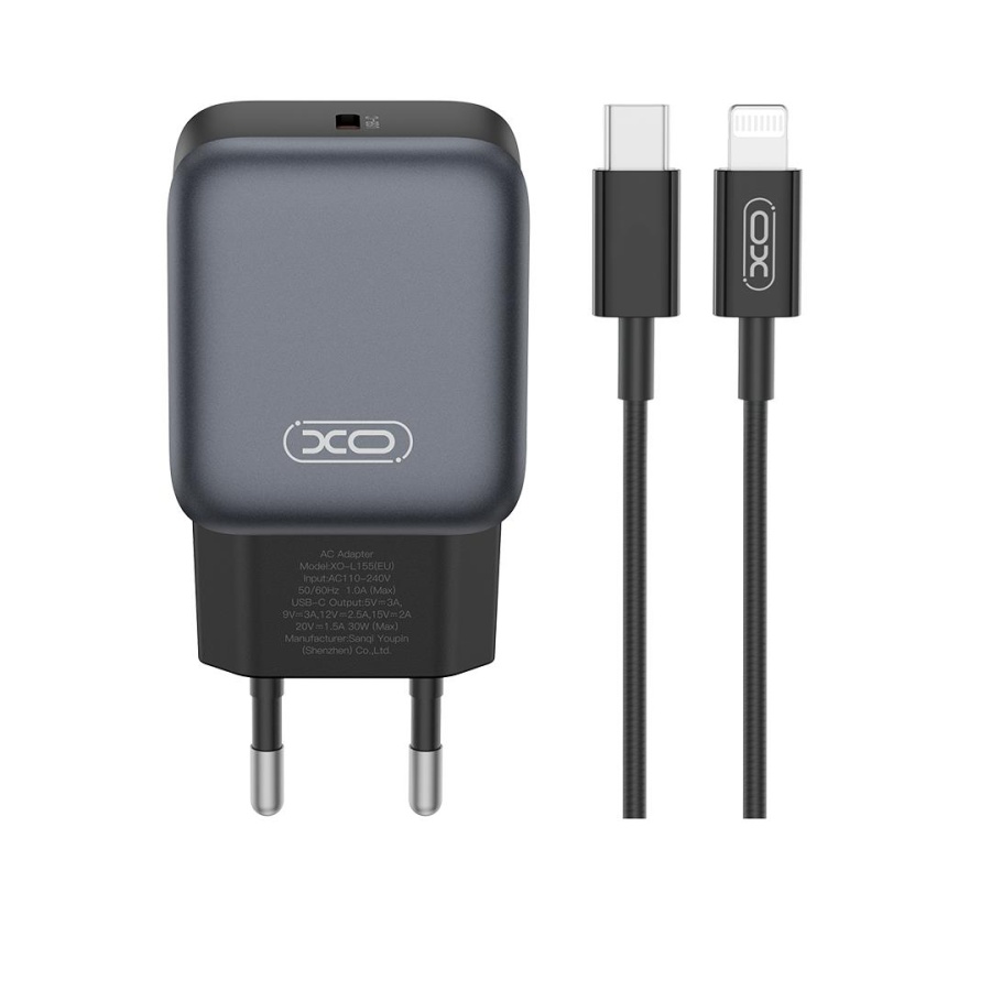 XO L155 ΦΟΡΤΙΣΤΗΣ 30W TYPEC, ΜΕ ΚΑΛΩΔΙΟ LIGHTNING, ΜΑΥΡΟΣ